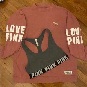 LOVE PINK COWl NECK SWEATER AND MATCHING SPORT BRA